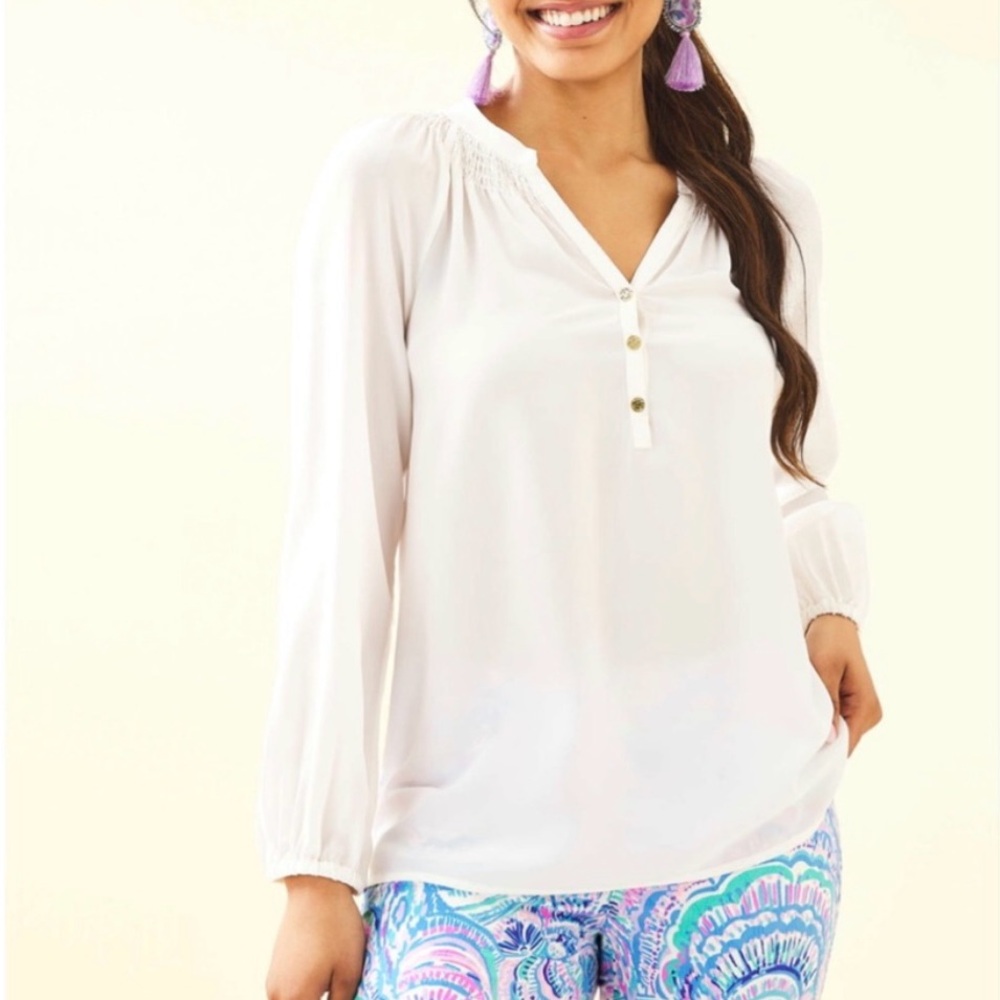 Lilly Politzer white long sleeve shirt with gold buttons size medium women’s